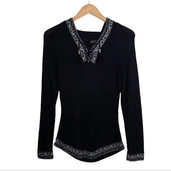 Alpaca Peruvian Black Sweater Hoodie Women’s Small Aztec Fringe Tassels Cozy - Picture 1 of 7